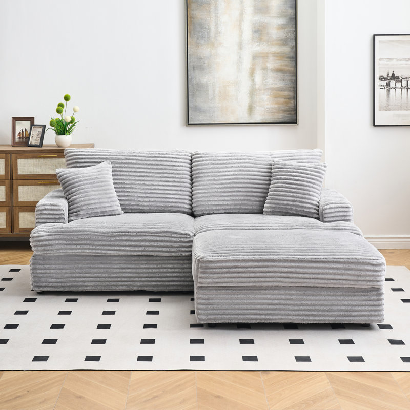 3 places en velours côtelé gris de 87,96 pouces avec quatre coussins et un pied de rangement simple, nuage doux et élégant pour le bureau vivant, structure à ressorts, coussins en mousse à mémoire de forme, espace primaire moderne,