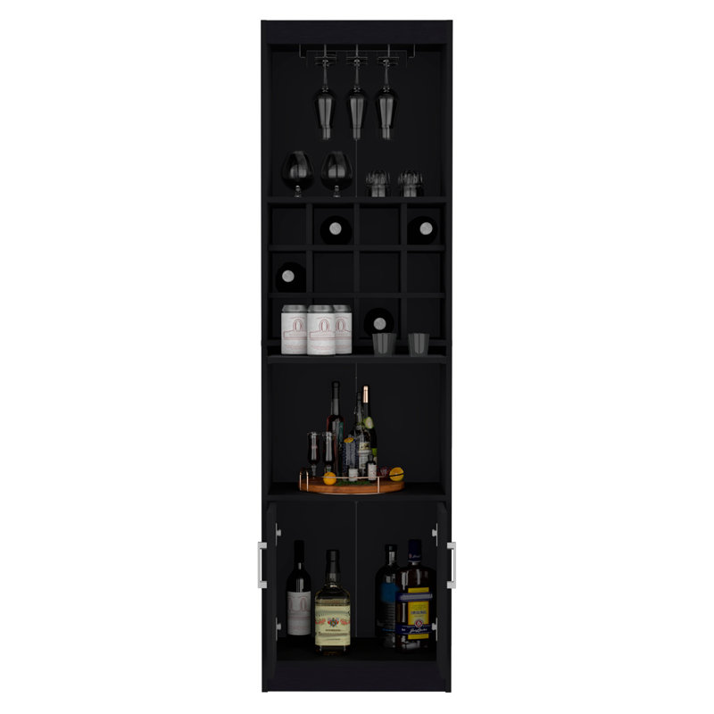 Armoire de bar moderne 71 pouces à 5 niveaux avec porte-verres à vin, armoire à vin, armoire à vin, 12 casiers à bouteilles, 5 tablettes et plateau coulissant