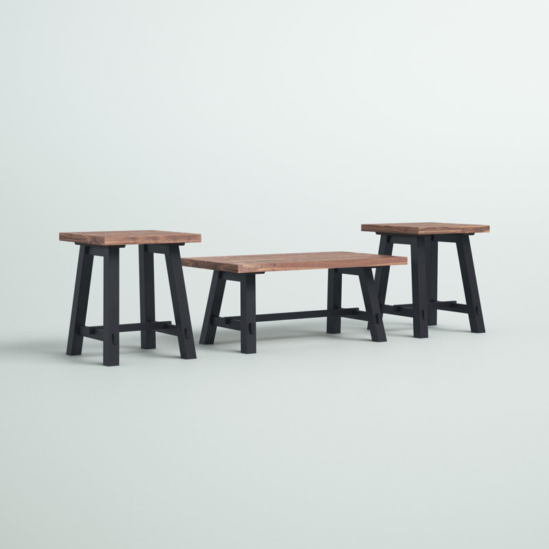 Adam 42" Wide Rustic Industrial Solid Wood 3 Piece Coffee Table Set With 2 Side Tables