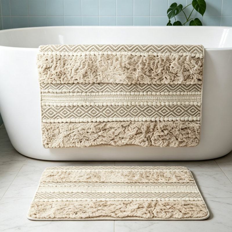 Woven Texture Stripe Bath Rug Natural 22X58", Single- 58" L x 22" W