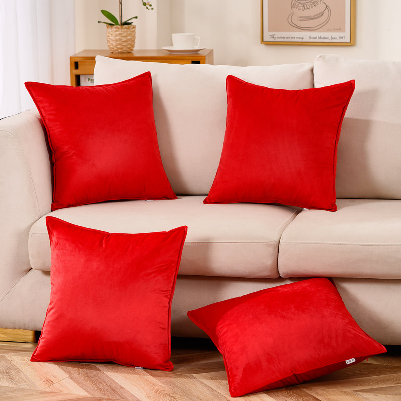 Set Of 4 Throw Velvet Cushion Covers, 18"H x 18"W, Cream