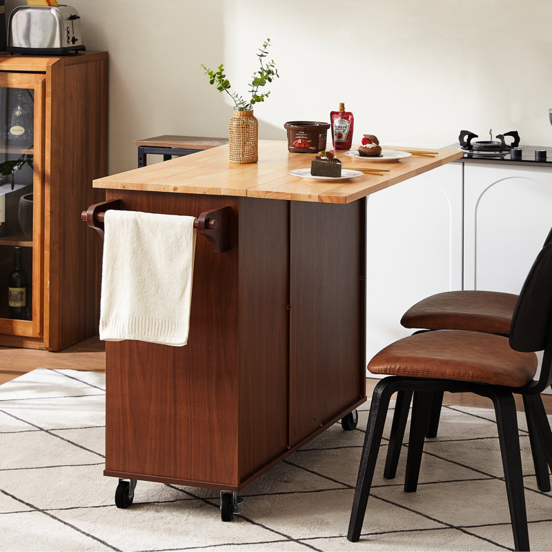 Îlot de cuisine roulant avec grand espace de tiroir et comptoir pliable, support à épices ouvert brun 2 roues de frein,, Brun