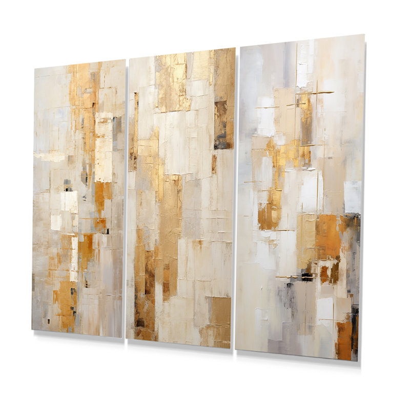Beige And Gold Dream Collage - Abstract Shapes Metal Wall Art Living Room Set Of 3, 32" H x 48" W