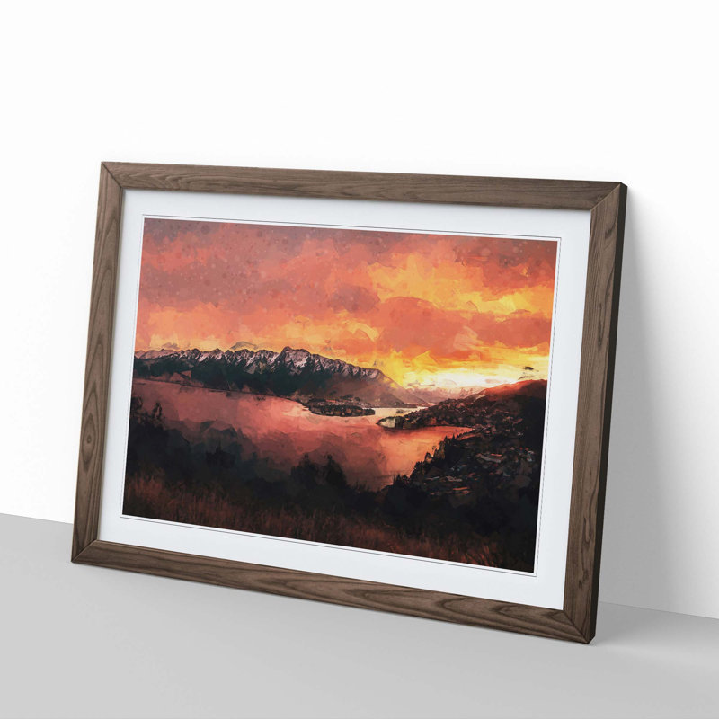 Sunset over Queenstown in Abstract - Picture Frame Graphic Art Print, 27cm H x 36cm W x 2cm D, Walnut Framed