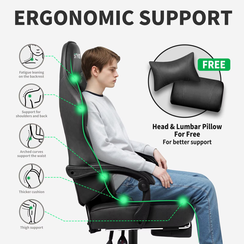 Gaming Chair with Footrest, Ergonomic Computer Chair with Lumbar Support, with 4D Foam Sports Seat Cushion, Breathable Leather Material, Height Adjustable Adult Office Chair