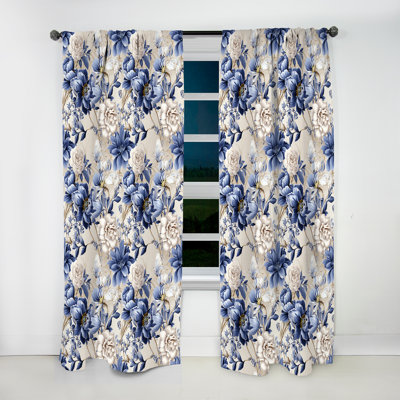 Victorian Blue And White Flowers Damask III - Bohemian Velvet Curtain - Room Darkening - 1 panel