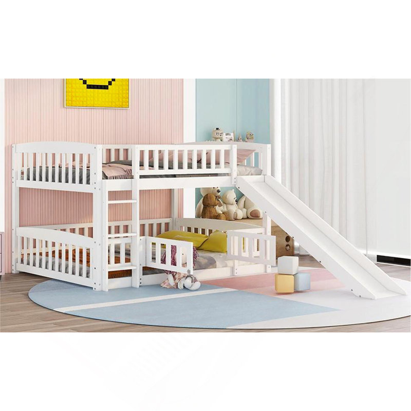 Lit superposé avec glissade, lit superposé double au-dessus de double avec clôture et échelle pour enfants en bas âge, adolescents, blanc