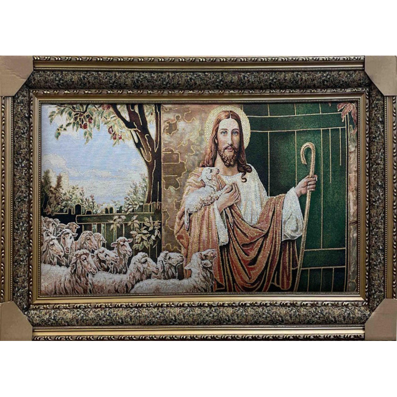 Tapisserie encadrée Jésus avec des agneaux qui frappent à la porte