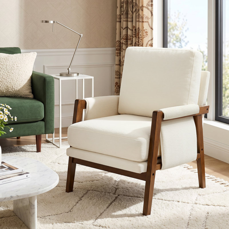 Cindina High Back Mid-Century Modern Accent Armchair with Solid Wood Frame and Plush Cushions for Living Room, White