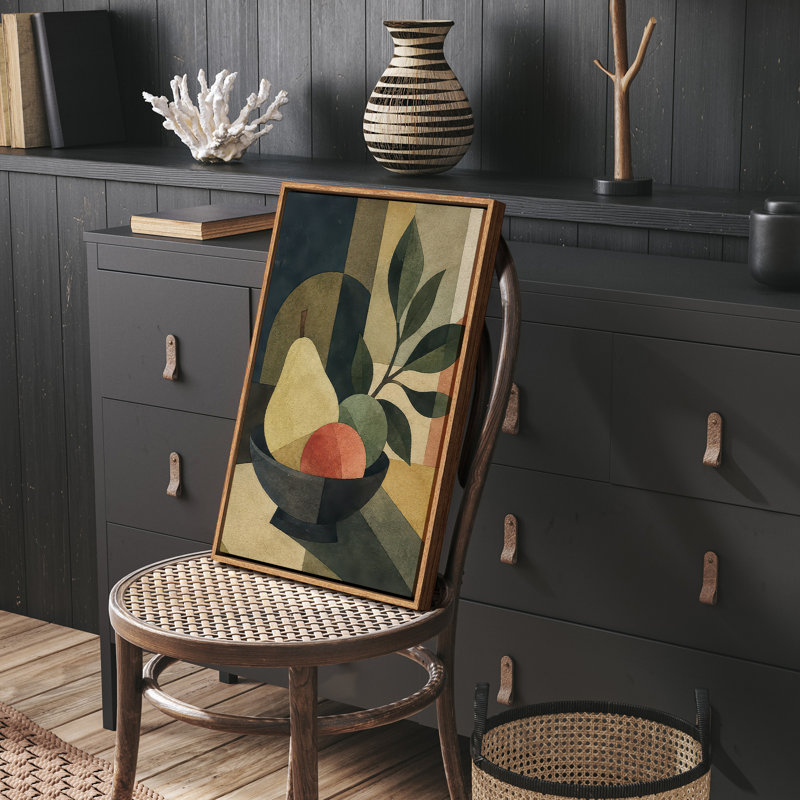 «Cubist Pear Fruit Bowl Still Life Mid Century Room Decor», reproduction d'art encadrée, 36" H x 24" W, Natural
