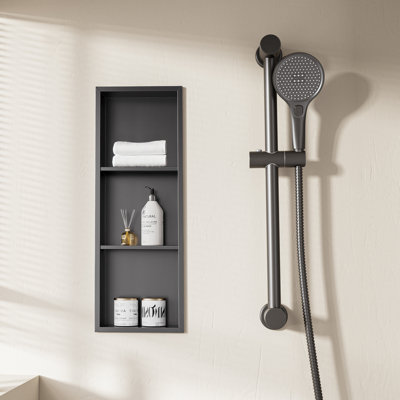 Niche de douche encastrée imperméable avec tablettes doubles noir mat l 12 po x H 36 po x P 4 po, aucun carreau nécessaire