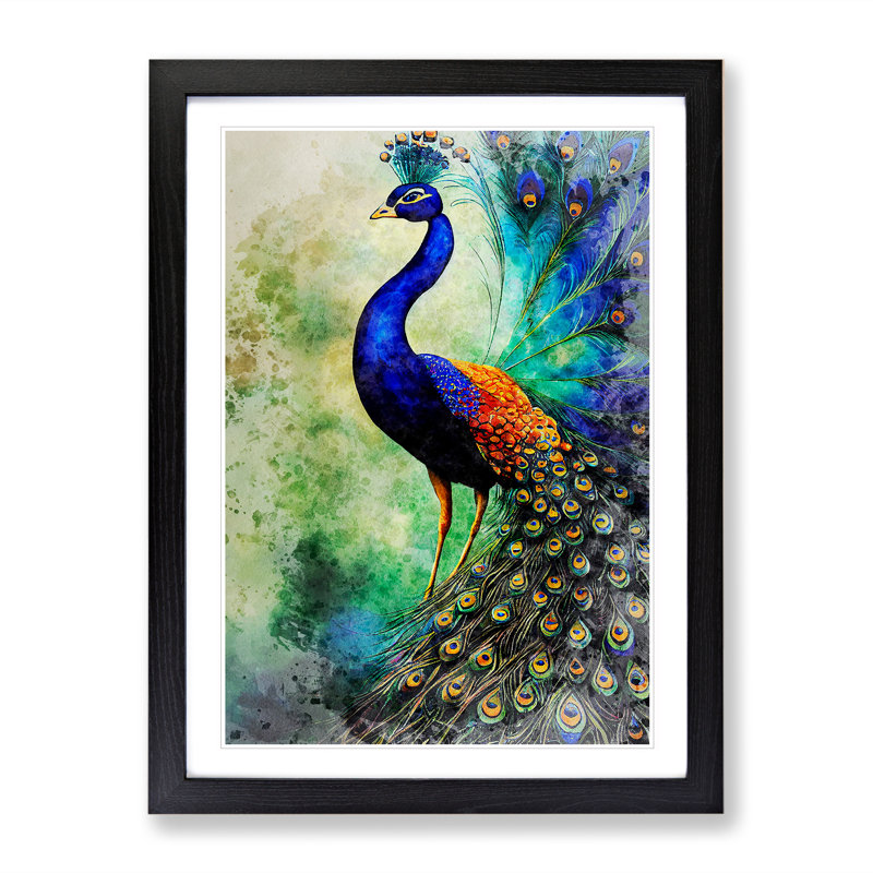 Watercolour Peacock No.2 - Single Picture Frame Painting, 64cm H x 46cm W x 2cm D, Black