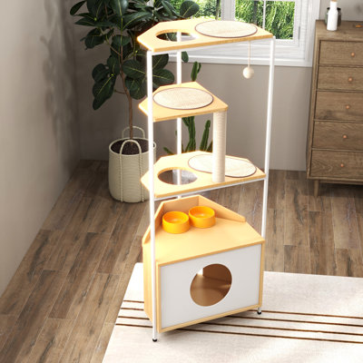 Arbre à chat avec poste d'alimentation et poteau à griffer, espace - blanc + chêne, coffre-fort amusant pour les chats d'intérieur