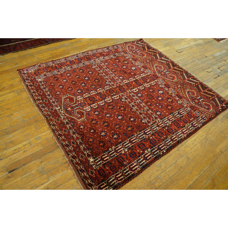 Red Tribal Antique Turkmen Engsi Allover Hand Knotted Square Central Asian Rug