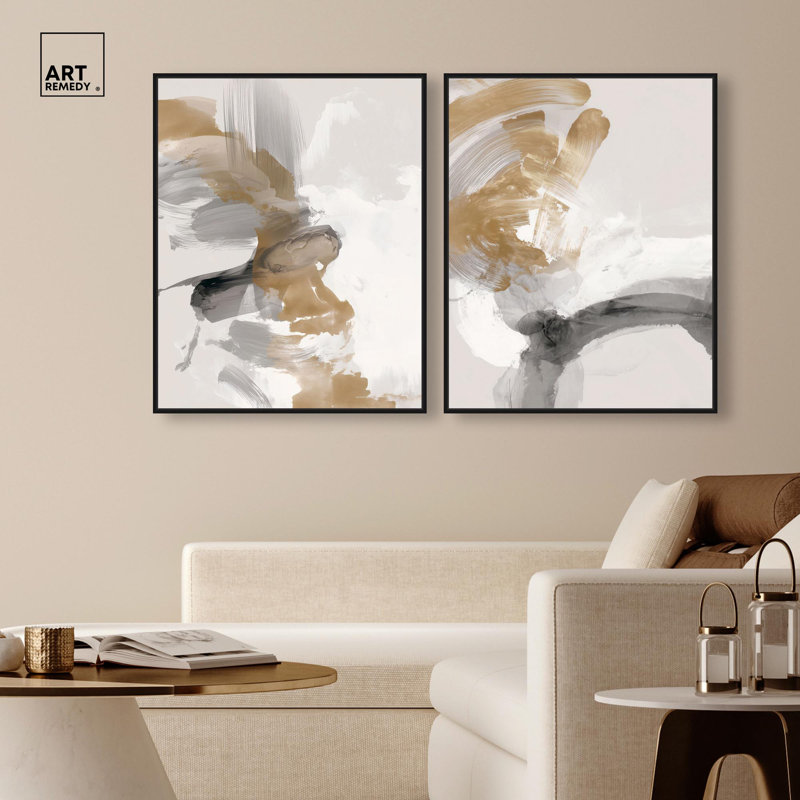 Ensemble de 2 décorations murales bohème Golden Whispering Haze par Art Remedy, cadre noir, 24 x 30, H 31 po x l 25 po