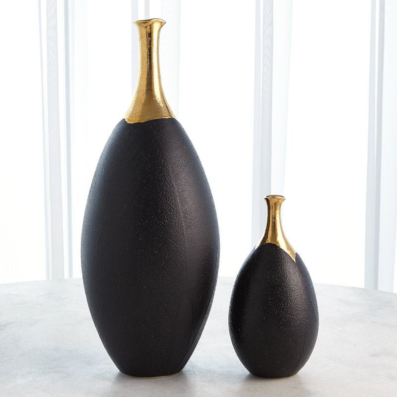 Craquelé doré trempé / vase mince noir, H 24 po x l 10 po x P 10 po