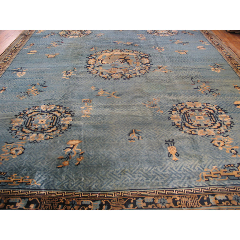 Light Blue Antique Bird of Paradise Chinese Dragon Design Big Oversized Peking Rug