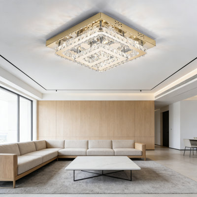 Modern Flush Mount Crystal Chandelier With Remote And App Control, Adjustable Color Temperature And Brightness, LED Ceiling Light Fixture For Living Room, Kitchen, Dining Room