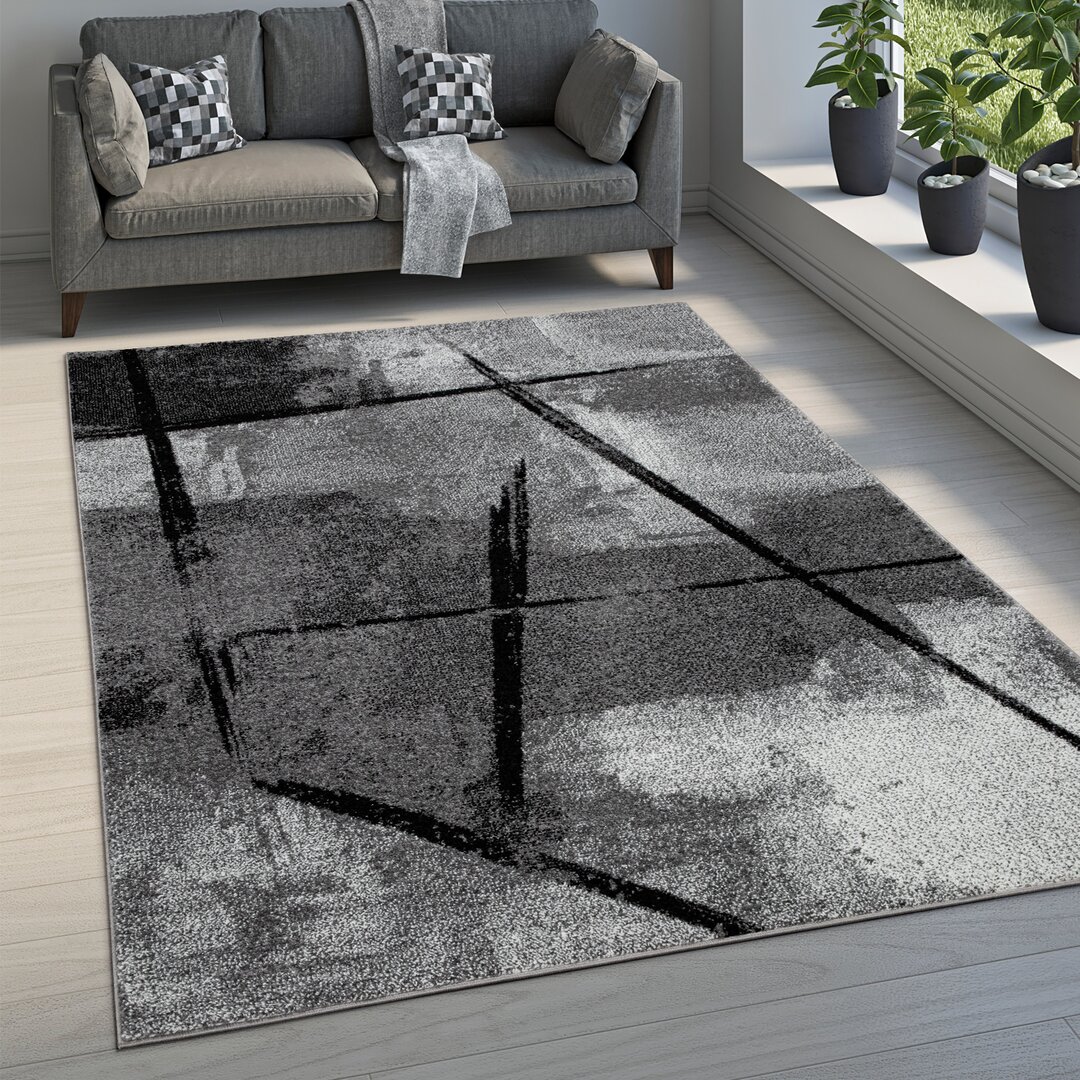 Carpet Living Room Short Pile Vintage Abstract Pattern Industrial Look Grey Black