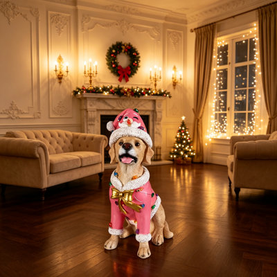 Statue festive de Labrador Retriever de Noël en tenue de père Noël rose, parfaite pour les fêtes et les joyeuses fêtes