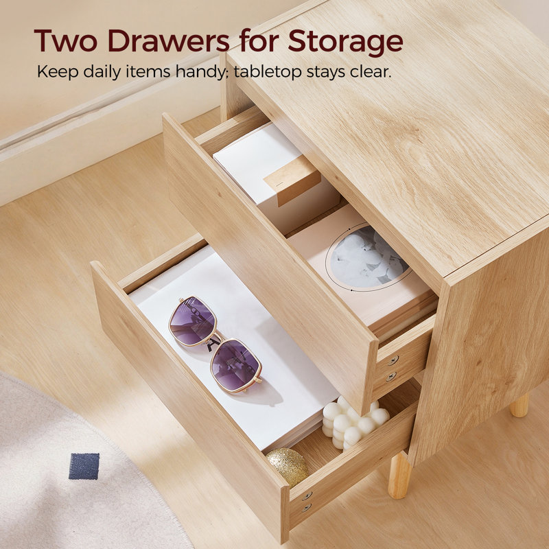 15.8"W 2-Drawers Fluted Nightstand with Solid Wood Legs, Natural