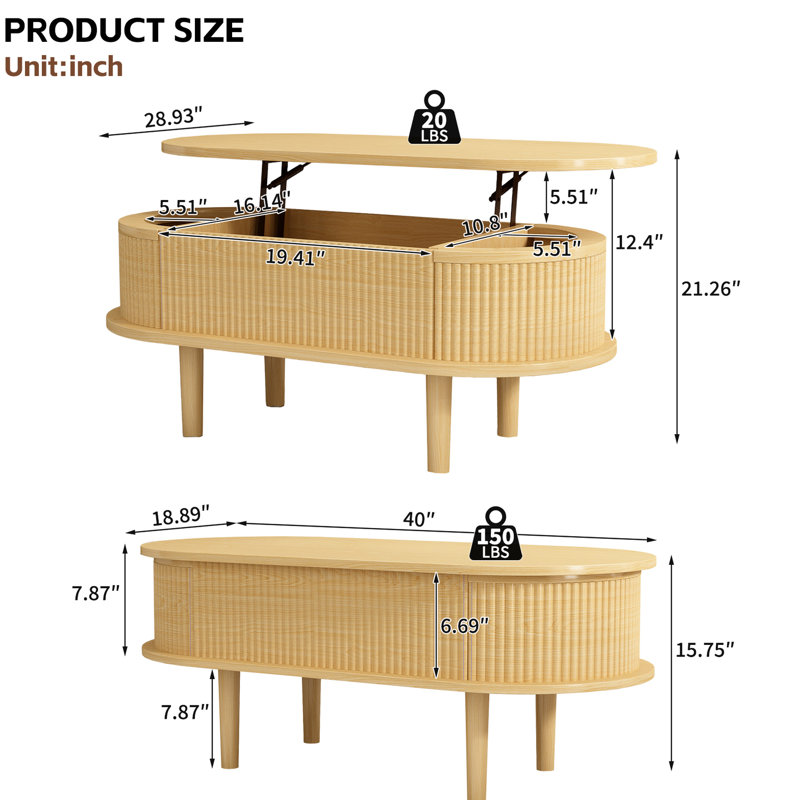 Table basse à plateau relevable moderne, structure cannelée, structure stable pour espace de vie avec panneaux, couleur naturelle, support hydraulique