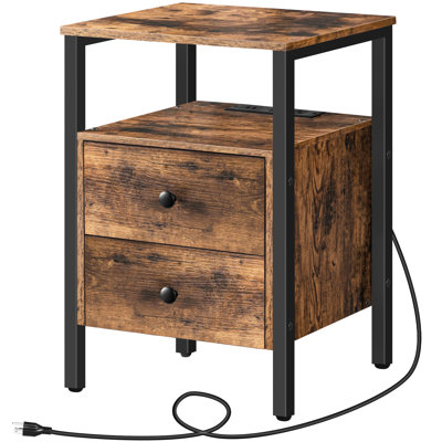 Table de chevet 2 tiroirs en fer avec rangement et prises intégrées Pake