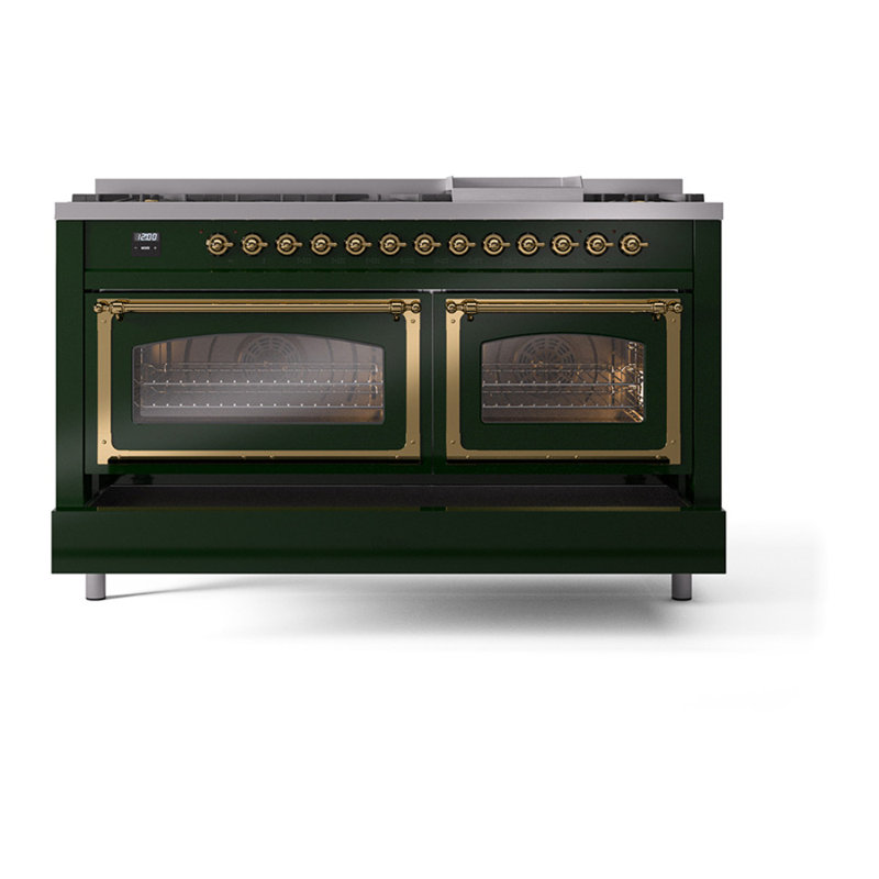 ILVE Nostalgie II Noblesse 60 in Dual Fuel Range, 9 Burner, Griddle, Emerald Green/Brass, Natural Gas