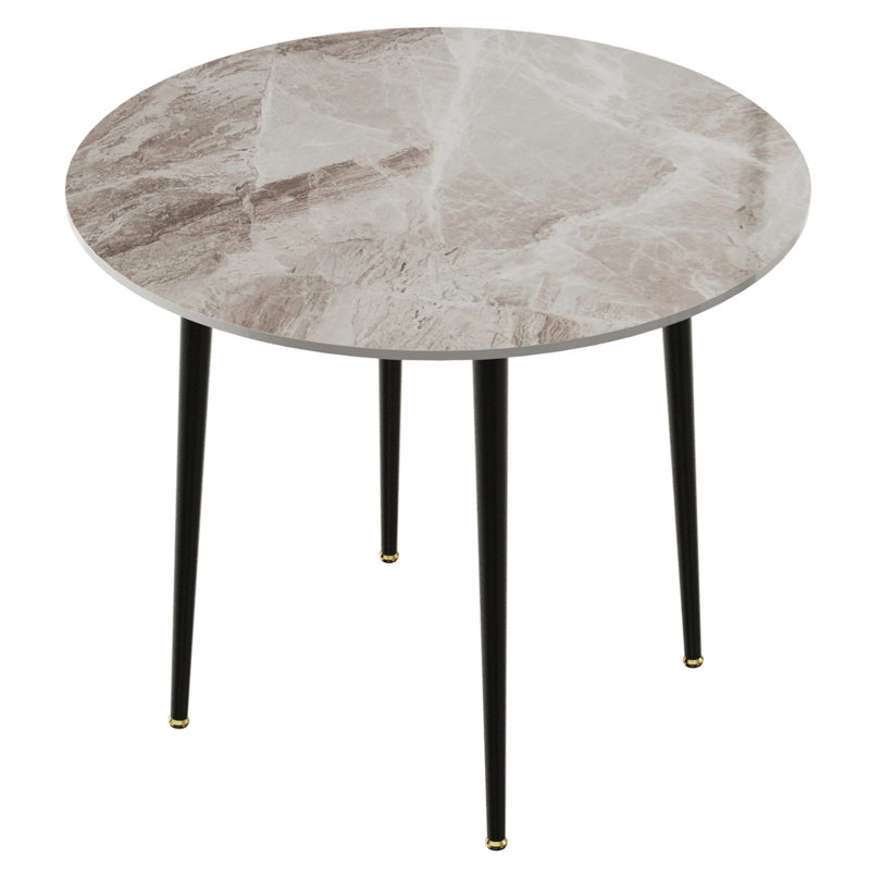 Round Dining Table And 2 Chairs Set, 3pcs Dining Room Sets For Restaurant Kitchen Office, 2-4 Seaters Marble Table And Light Khaki Microfiber Silicone Leather Kitchen Chairs Set Of 2
