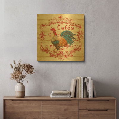 «Cafe Rooster On White» par Jean Plout, art mural en métal doré, 24 po x 24 po