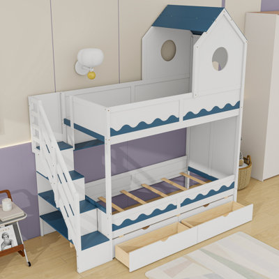 Lit superposé simple au-dessus de simple à 2 tiroirs avec escalier de rangement, éclairage à DEL et tablettes, conception de maison de château