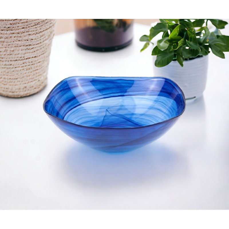 Cobalt Blue Alabaster Glass 10" Squarish Salad Or Serving Bowl, 4" H x 10" W x 10" D