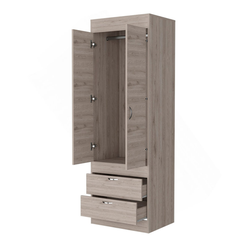 Armoire Alabama, une grande armoire, deux tiroirs, Gris clair