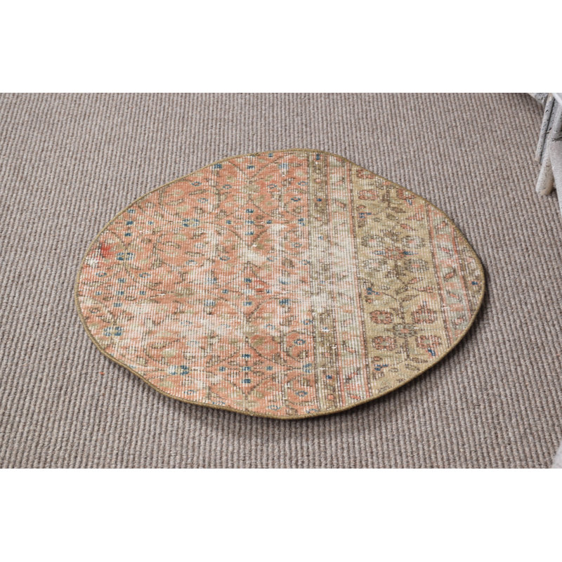 Turkish Vintage Round Rug – Small Orange Entry Mat Housewarming Gift