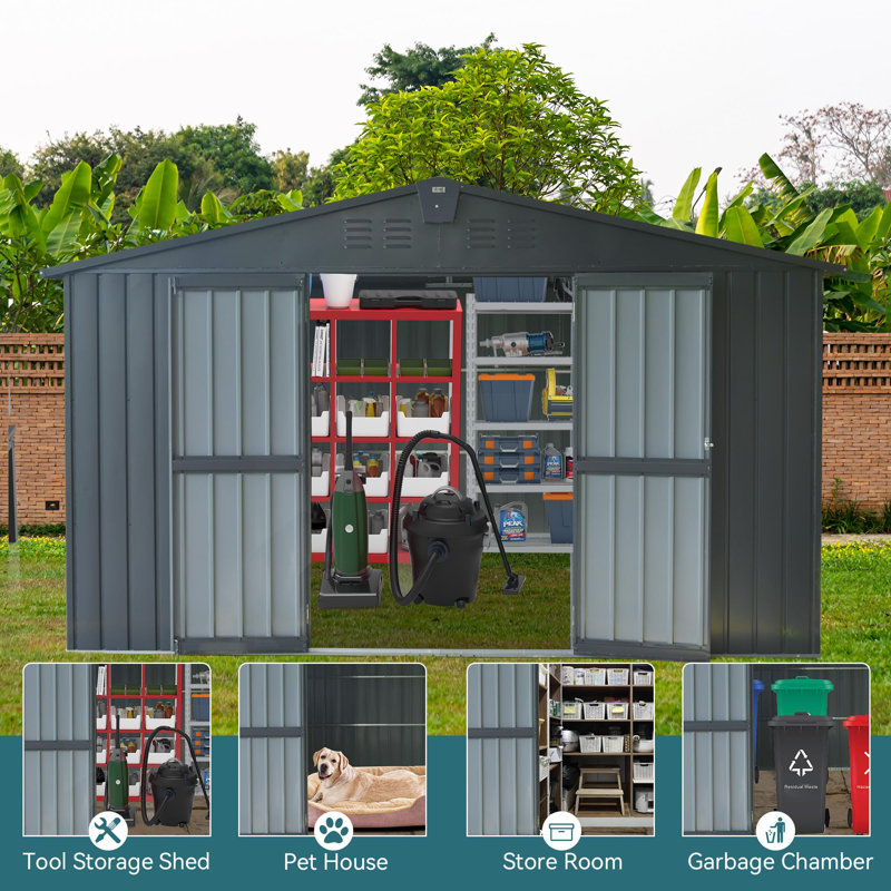 Metal Portable Storage Shed, Gray, 78.7" H x 138.11" W x 109.88" D