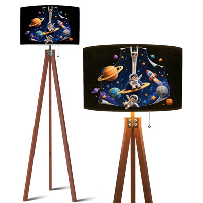  Tripod Standing Lamp Astronauts Exploring Colorful Outer Space Planets Rocket Remote Controlled Dimmable LED Floor Lamp with Beech Wood Legs & Detachable Linen Shade for Farmhouse Apartment Living Room and Bedroom