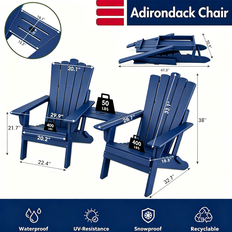 Ensemble de 2 chaises Adirondack pliantes avec plateau de connexion, Bleu