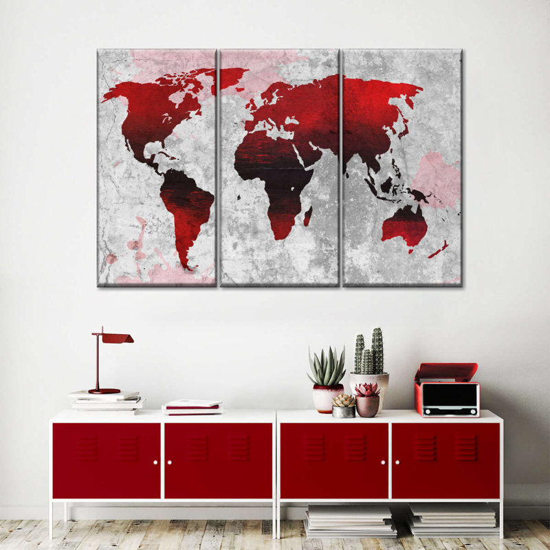 «Crimson World Map», reproduction sur toile, H 24 po x l 38 po x 1,25 po
