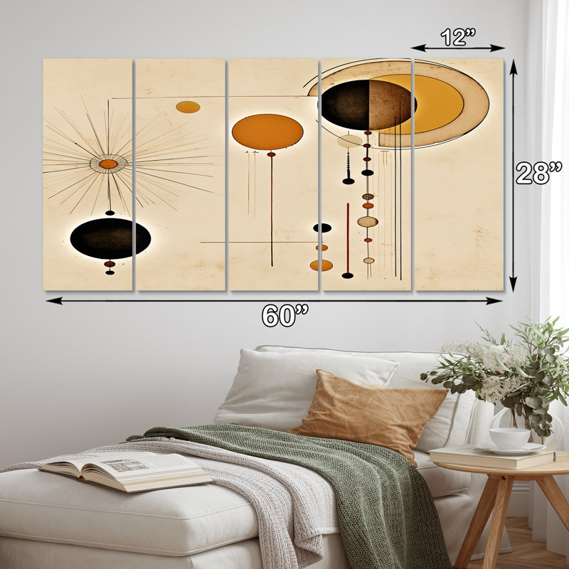 Moon Phases Midcentury Vintage Illustration - Modern Midcentury, reproduction sur toile - 5 panneaux égaux
