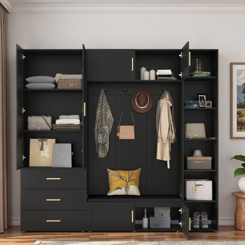 4-in-1 Hall Tree With Padded Bench, 4 Hooks, 3 Drawers And Adjustable Storage Shelves, Antique Black