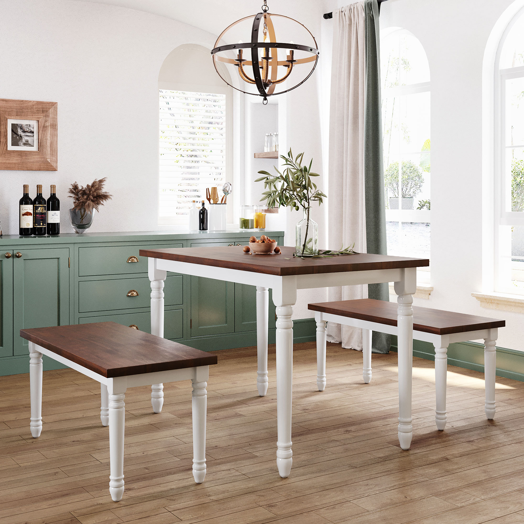Charlton Home® 3-Piece Retro Farmhouse Solid Wood Kitchen Dining Table ...
