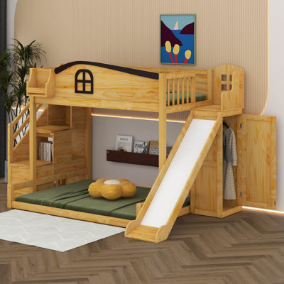 Lit simple superposé au dessus d'un lit double avec escalier de rangement, tablette, lit superposé en bois pour enfants avec glissoire et garde-robe