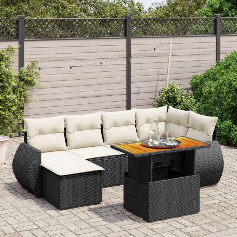  Ensemble de canapé de jardin 7 pièces en rotin PE noir avec accoudoirs réglables