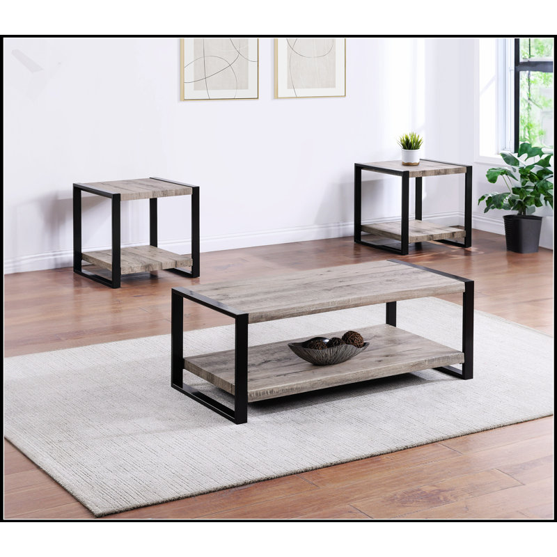 Ensemble de salon contemporain 3 pièces avec table basse rectangulaire et 2 tables de bout carrées, meubles en bois brun rustique et noir