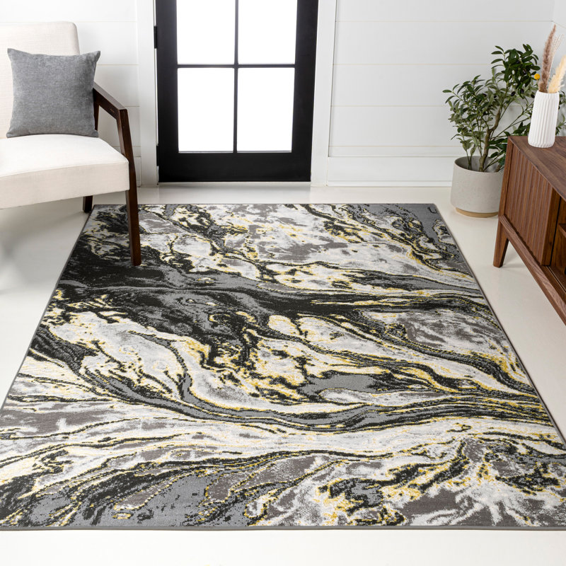 Tapis noir / jaune à motif abstrait Horfield, Rectangle de 5 pi x 8 pi