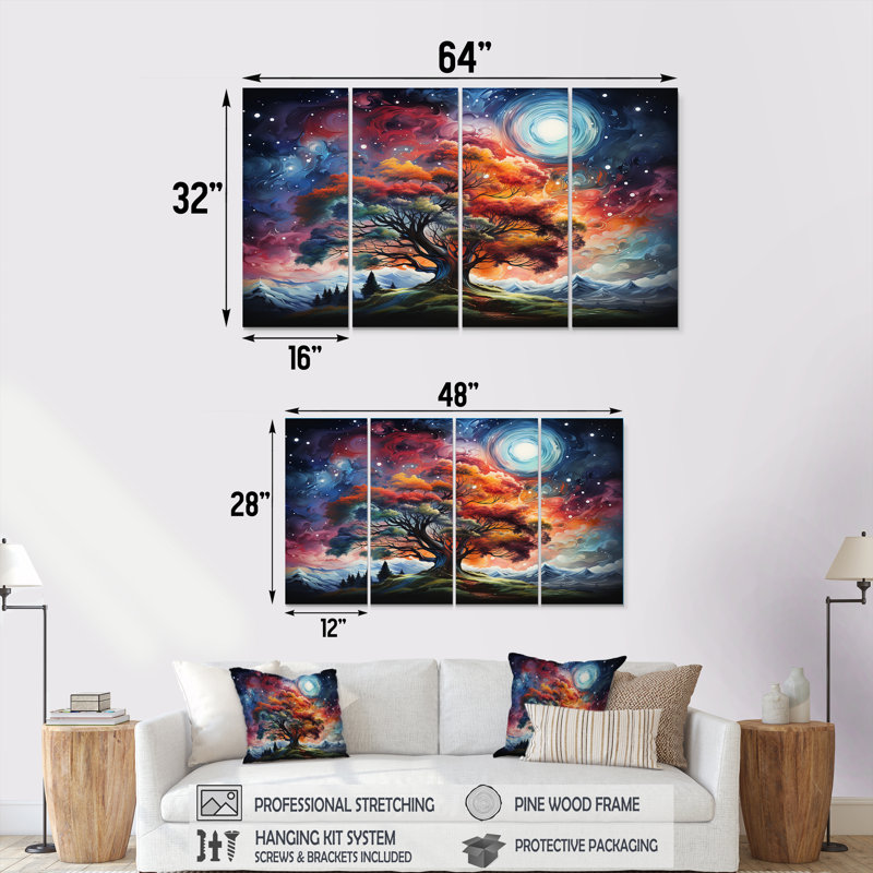 Arbre cosmique orange et rose - arbre, art mural sur toile 4 pièces, H 32 po x l 64 po