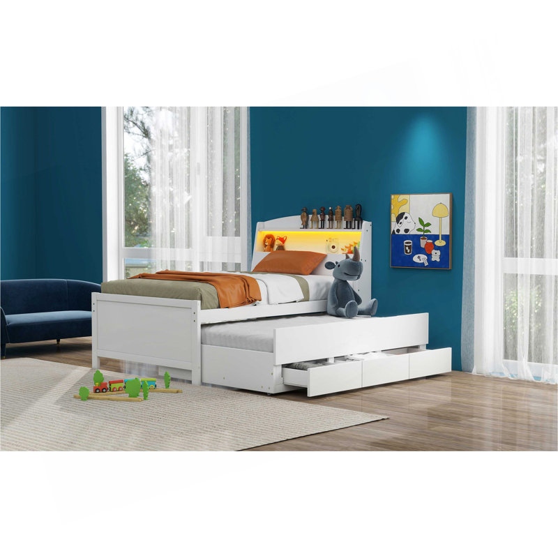 Lit plateforme simple avec tête de lit à DEL avec rangement, lit gigogne simple et 3 tiroirs, blanc