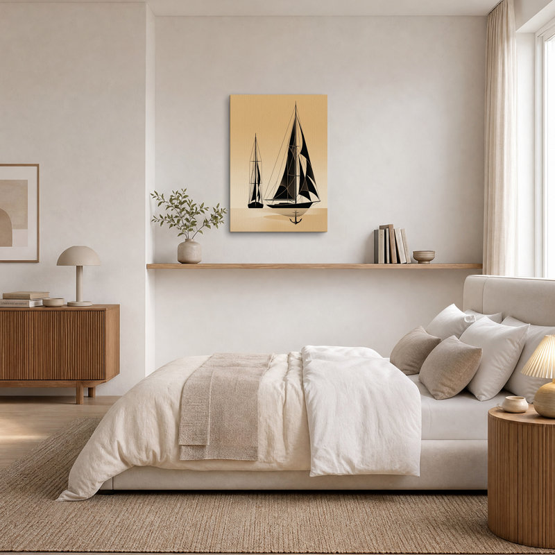 Voiliers noirs et ancre sur fond beige, tableau mural sur toile, H 36 po x l 24 po