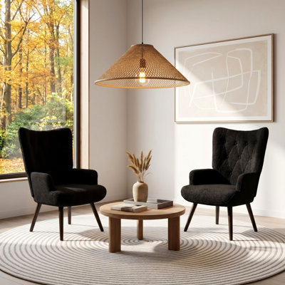 Accent Chairs Set Of 2, Comfy Upholstered Armchair With Metal Legs, High Backrest Living Room Chair, Wingback Chair Mid Century Modern For Living Room/Vanity/Bedroom, Black