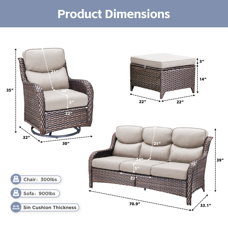 Ensemble de canapé d'extérieur en osier 7 pièces avec chaises pivotantes et repose-pieds, Coussin beige / structure brune